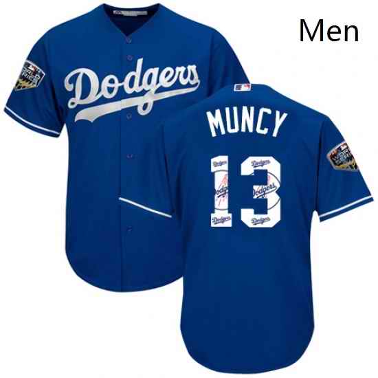 Mens Majestic Los Angeles Dodgers 13 Max Muncy Authentic Royal Blue Team Logo Fashion Cool Base 2018 World Series MLB Jersey